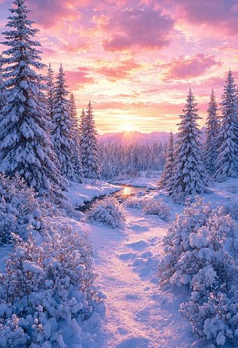 Winterlicher Sonnenuntergang: Friedlicher verschneiter Wald und zugefrorener Bach