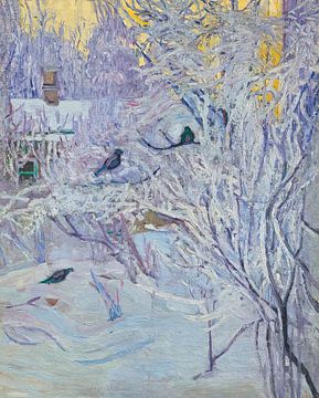 Olga Rozanova - Hoek van het huis en goudvinken in de boom, winter van Peter Balan