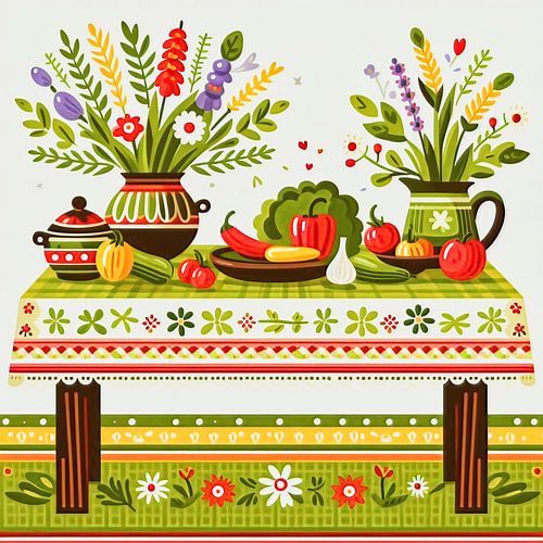 Een volle vrolijke keukentafel