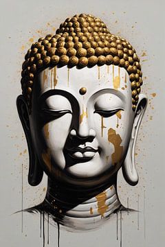 Buddha-Kopf mit goldenen Tröpfchen Modernes Kunstwerk von De Muurdecoratie