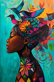 Bunte Eleganz: Frau mit Vögeln und Blumen von Poster Art Shop