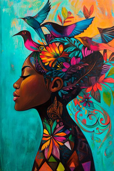 Kleurrijke elegantie: vrouw met vogels en bloemen van Poster Art Shop