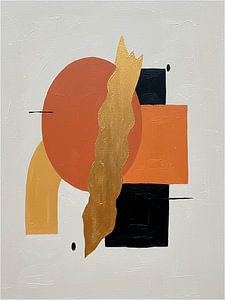 Minimalistisches und abstraktes Kunstwerk in Orange, Gold und Schwarz