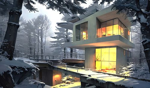 Modern huis in een winters bos
