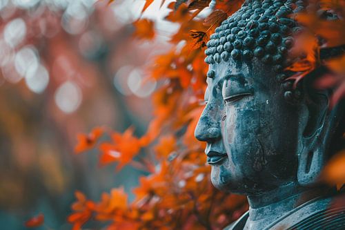 Boeddha omringd door herfstbladeren