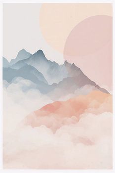 Ethereal Mountain Peaks in Clouds - Modern Abstract Landscape Wall Art with Pastel Geometric Circles