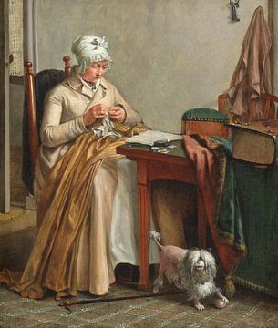 Interieur met naaiende vrouw, Wybrand Hendriks