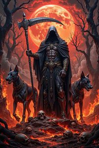 Dark Fantasy Edition: MORVEXAEL - Ein Grim Reaper mit seinen Höllenhunden auf einem Schlachtfeld | Kunst & Fine Art Prints