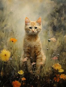 Jeune chat orange parmi les fleurs des champs