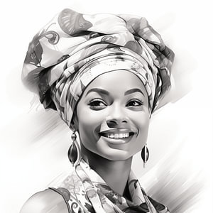 Porträt einer afrikanischen Frau mit lächelndem Aquarell-Kunstdesign und Kopftuch auf weißem Hintergrund Schwarzweißfotografie