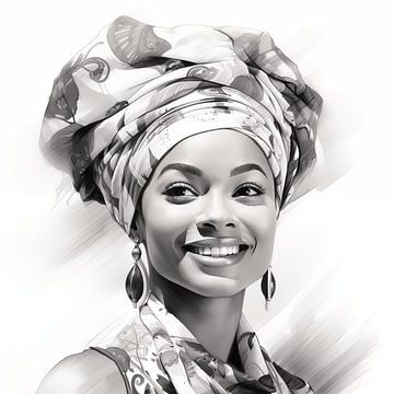 Portrait of an African woman with smiling watercolour art design and headscarf on white background black and white photography by Animaflora PicsStock