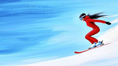 Skiër in een rood pak onder een heldere hemel