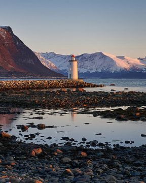 Eb rond de vuurtoren van Høgstein, Godøy, Noorwegen van qtx