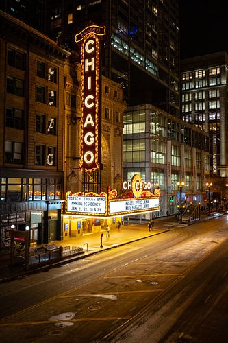 Famous Chicago theater with neon lights in the evening