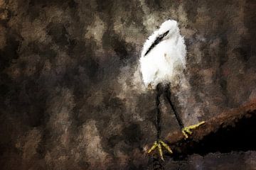 Little egret standing on a tree branch (art) by Art by Jeronimo