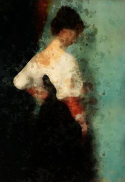 Portrait vintage d'une jeune femme en brun rouille, noir et turquoise. sur Dina Dankers