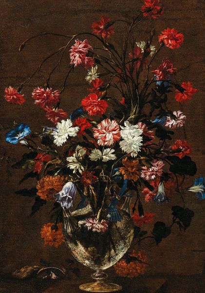 Anjers en andere bloemen in een glazen vaas, Romeinse School van Meesterlijcke Meesters