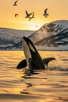 Orka in de gouden zonsondergang van Poster Art Shop