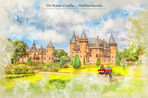 castle De Haar Castle in Netherlands in sketch style
