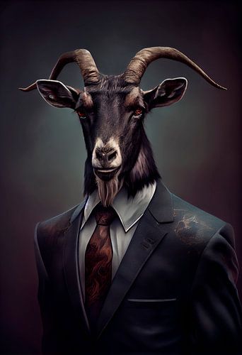 Stattlich stehendes Porträt einer Ziege im Anzug