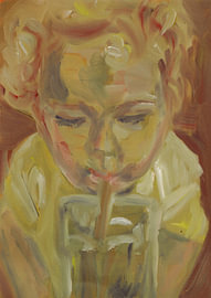 Child with a straw, a portrait in earth tones and yellow by Lisa Van Quickelberghe