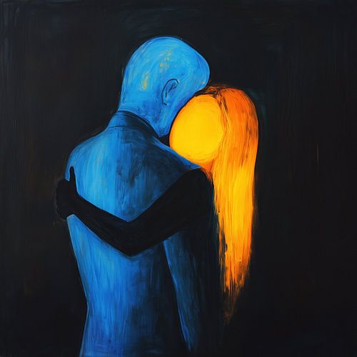 Warme omhelzing blauwe man en oranje vrouw olieverf