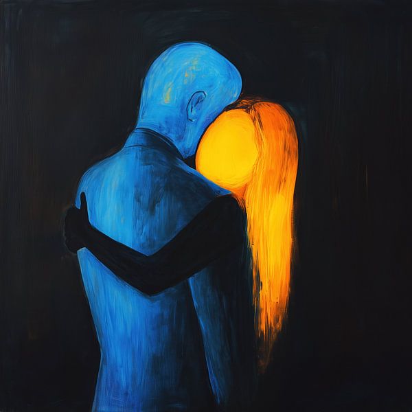 Warme Umarmung blauer Mann und orange Frau Ölgemälde von TheXclusive Art