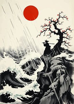Samouraï japonais - Paysage atmosphérique à l'encre japonaise