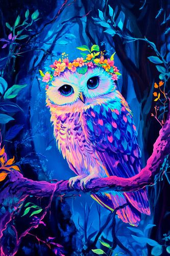 Hibou multicolore dans la forêt avec couronne de fleurs