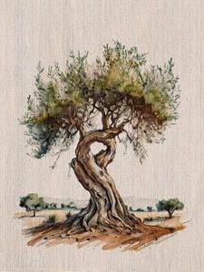 Mediterrane, zeitlose Ruhe: Alter, knorriger Olivenbaum auf Leinen-Textur