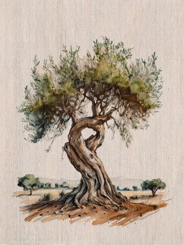 Mediterranean Timeless Tranquillity: Ancient Gnarled Olive Tree on a linen-textured canvas