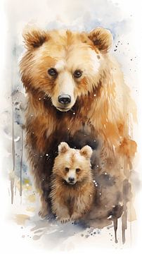 Ours et ourson aquarelle debout panorama sur TheXclusive Art