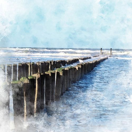 Aquarellbild von Pfahlkopf und rollenden Wellen