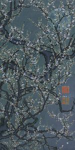 Japanischer Vintage-Druck. Pflaumenblüte bei Vollmond in warmem Grau