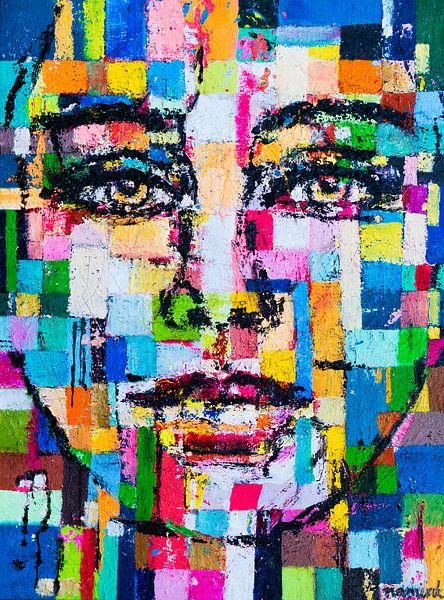 Painted Woman | Schilderij van gezicht vrouw met blauw en groen van Anja Namink - Schilderijen
