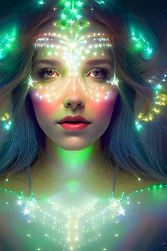 Étoiles vertes brillantes - Déesse de la lumière Digital Fantasy Artwork