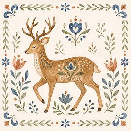 Cerf décoratif de style folk art à l'aquarelle (AI) (folklore, chambre d'enfant, mignon, doux, chaleureux)