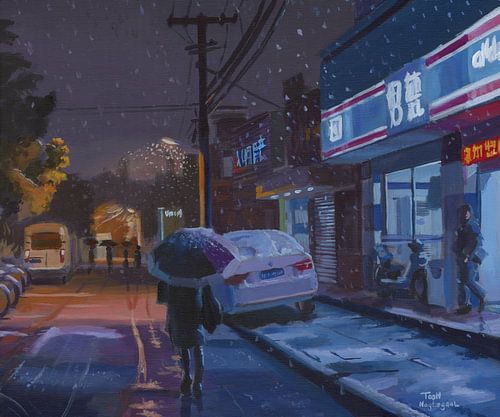 Stad in de avond. Schilderij door Toon Nagtegaal