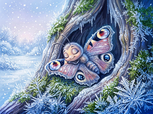 Butterfly in Winter Dormancy Covered in Frost Crystals