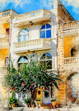 Malta Gozo Victoria stad aquarel schilderij #malta