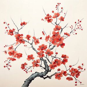 Kleurige bloemen in warm rood, japanse stijl. van Lauri Creates