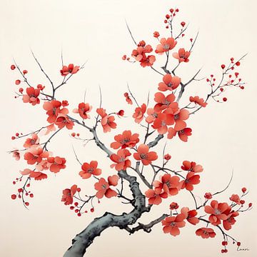 Fleurs colorées d'un rouge chaud, de style japonais. sur Lauri Creates