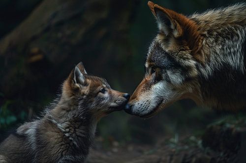 Wolf en welp in het bos