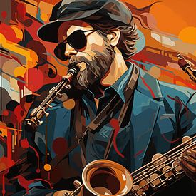 Saxofoon speler op grunge kunst illustratie achtergrond van Animaflora PicsStock