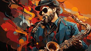 Saxophonspieler auf Grunge Art Illustration Hintergrund