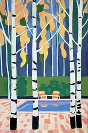 Zwembad, stoelen en berken op terras van Anna Marie de Klerk