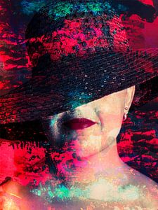 Digital-Foto-Kunst - Porträt der Frau mit rotem Lippenstift u. Hut / Lippen / Mund / Farbe / Rot / G von Art By Dominic