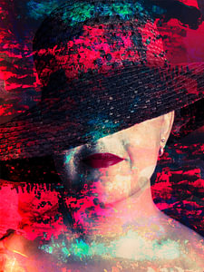 Digital-Foto-Kunst - Porträt der Frau mit rotem Lippenstift u. Hut / Lippen / Mund / Farbe / Rot / G