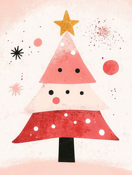 Verspielte abstrakte Weihnachtsbaum-Illustration in Rosatönen mit Stern und Polka Dots von But First Framing