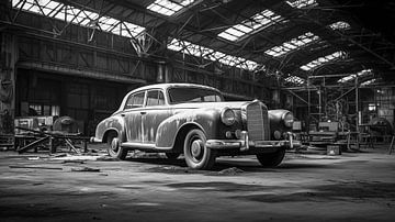 Een zwart-witfoto van een oude auto in de hangar van Animaflora PicsStock